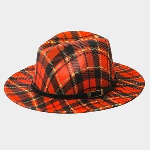 Accented plaid burnt reddish color black belt fedora fashion hat statement